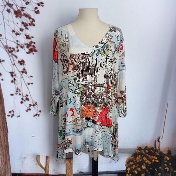 One World Graphic Tunic Top 1X Milan Artsy Plus Size Bling Asymmetric Sublimated - Picture 13 of 16